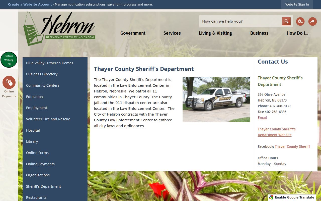 Thayer County warrant records Hebron county law enforcement source